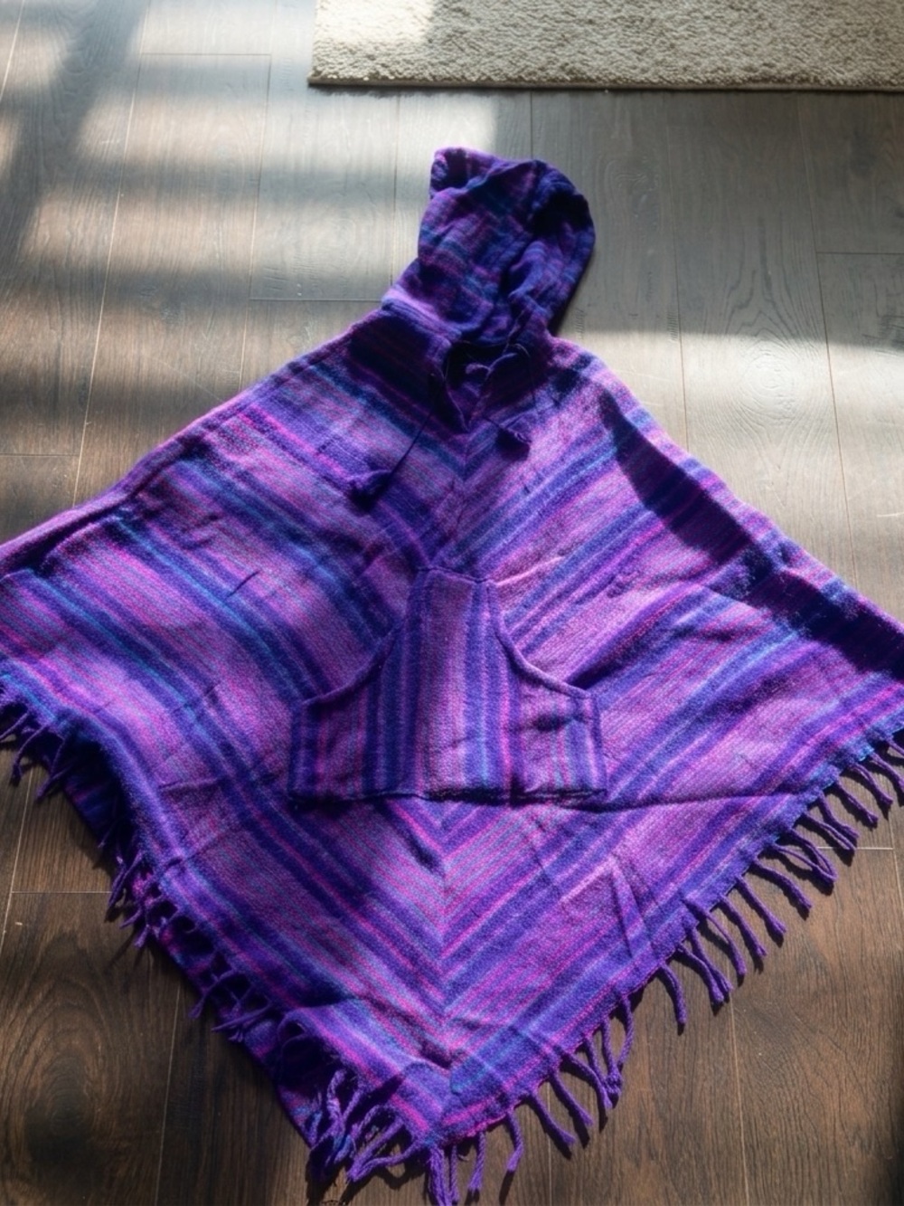 Purple Hooded Fringe Poncho with Pocket